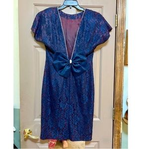 Navy Blue Lace Vintage 1990s Bow Dress